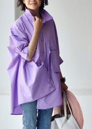 Purple polka dots Peter Pan Collar Low High Design Cotton Shirt Long Sleeve