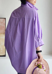 Purple Peter Pan Collar Low High Design Cotton Shirt Long Sleeve