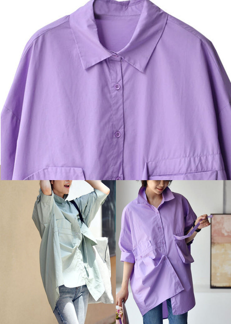 Purple polka dots Peter Pan Collar Low High Design Cotton Shirt Long Sleeve