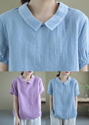 Purple Peter Pan Collar Ramie Top Short Sleeve