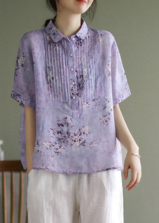 Purple Peter Pan Collar Wrinkled Button Linen Shirts Short Sleeve