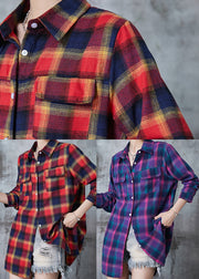 Purple Plaid Cotton Shirts Pockets Spring