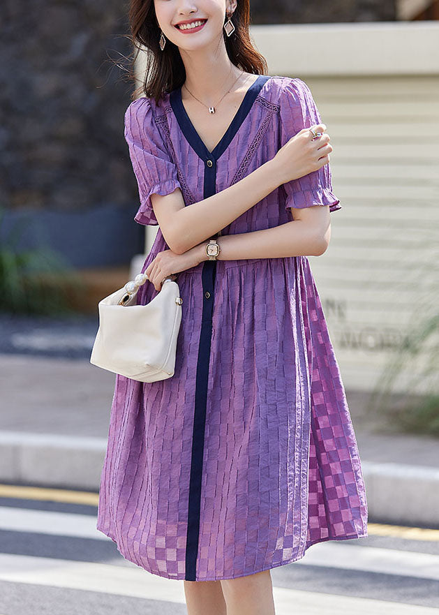 Purple Plaid Cotton Vacation Dresses V Neck Summer