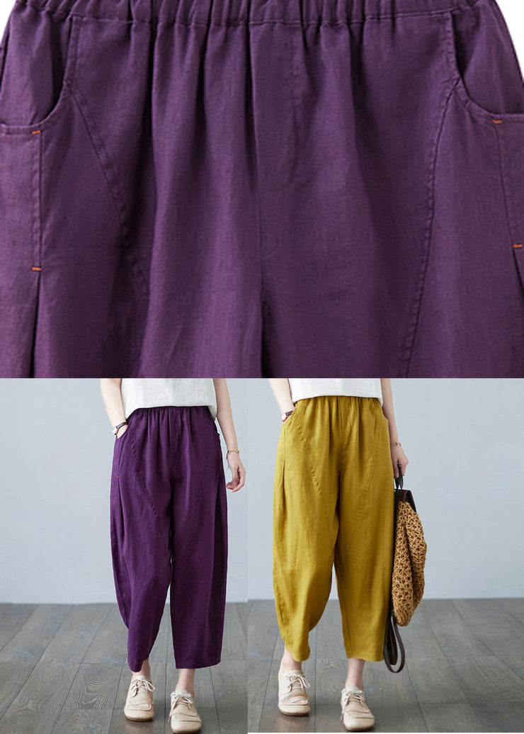 Purple Pockets Elastic Waist Solid Harem Pants