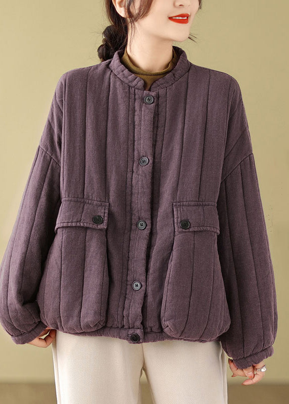 Purple Pockets Fine Cotton Filled Jackets Stand Collar Winter