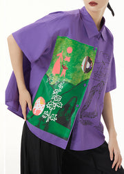 Purple Print Button Patchwork Cotton Shirt Peter Pan Collar Short Sleeve