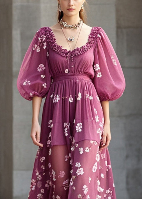 Purple Print Chiffon Robe Dresses Ruffled Lantern Sleeve