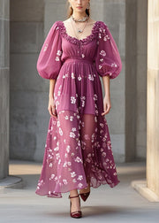 Purple Print Chiffon Robe Dresses Ruffled Lantern Sleeve