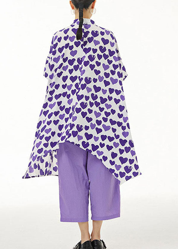 Purple Print Chiffon Shirt Tops Asymmetrical Design Summer