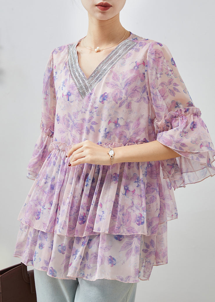 Purple Print Chiffon Shirt Tops Ruffled Flare Sleeve