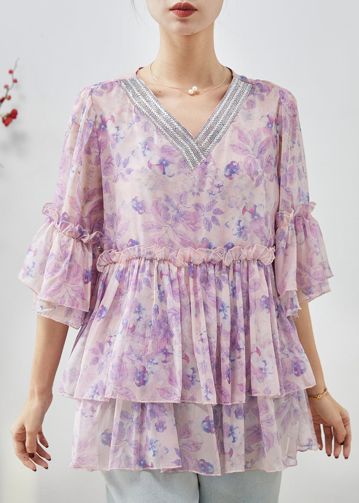 Purple Print Chiffon Shirt Tops Ruffled Flare Sleeve