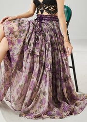 Purple Print Chiffon Skirts Elastic Waist Ruffled Spring