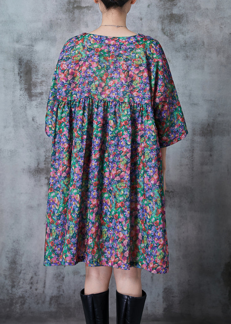 Purple Print Cotton Day Dress Chinese Button Summer