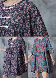 Purple Print Cotton Day Dress Chinese Button Summer