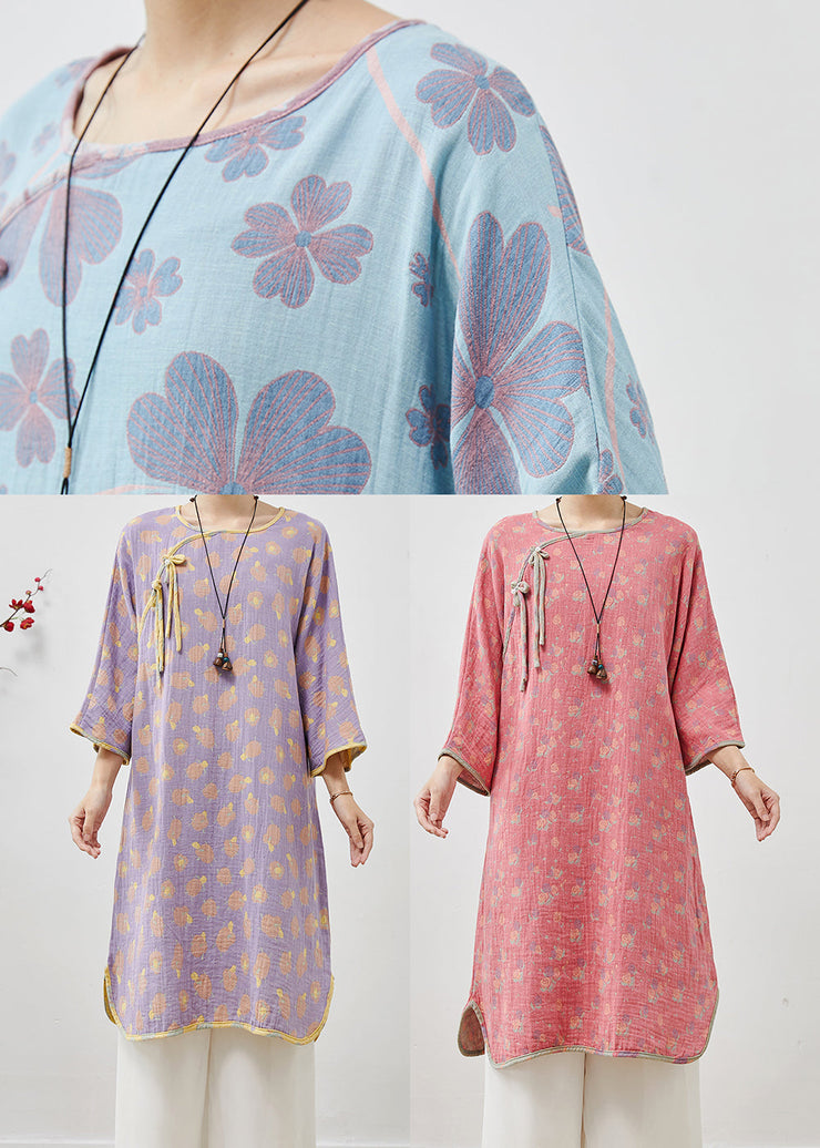 Purple Print Cotton Oriental Dresses Tasseled Spring