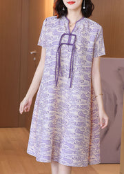 Purple Print Elegant Silk Mid Dress Stand Collar Draping Short Sleeve