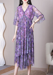 Purple Print Lace Up Chiffon Long Dresses V Neck Summer