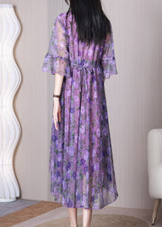 Purple Print Lace Up Chiffon Long Dresses V Neck Summer