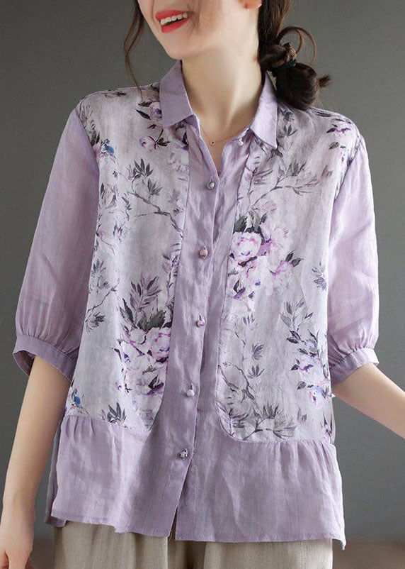 Purple Print Linen Blouse Top Peter Pan Collar Summer