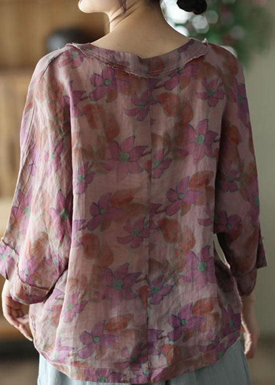 Purple Print Linen Shirt Tops V Neck Button Summer