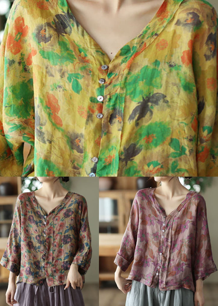 Purple Print Linen Shirt Tops V Neck Button Summer