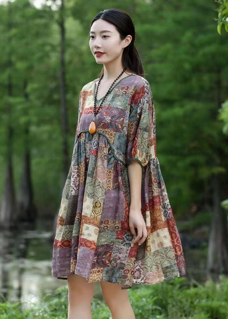 Purple Print Patchwork Linen Mid Dress V Neck Wrinkled Summer