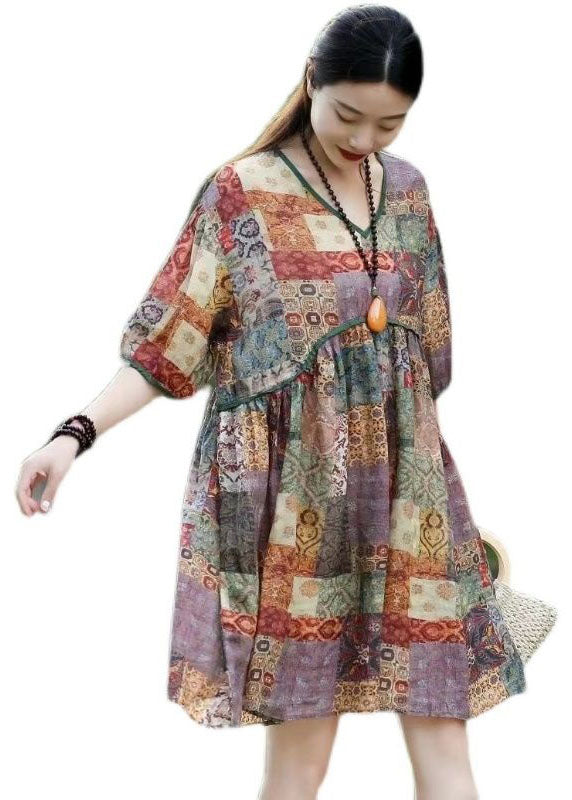 Purple Print Patchwork Linen Mid Dress V Neck Wrinkled Summer