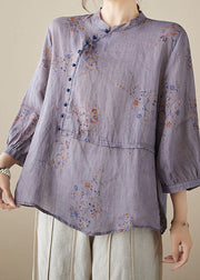 Purple Print Patchwork Linen Shirt Tops Stand Collar Button Summer