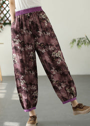 Purple Print Pockets Crop Beach Pants Summer