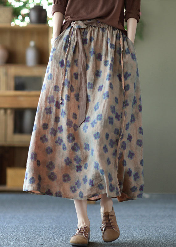 Purple Print Pockets Patchwork Linen Skirts Wrinkled Elastic Waist Summer