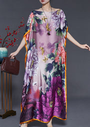 Purple Print Silk Maxi Dresses Slash Neck Batwing Sleeve