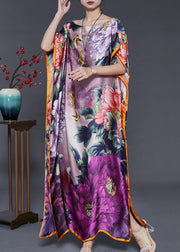 Purple Print Silk Maxi Dresses Slash Neck Batwing Sleeve