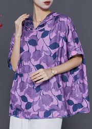 Purple Print Silk Blouse Shirt Top Hooded Summer