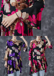 Purple Print Tulle Blouse Tops Exra Large Hem Flare Sleeve