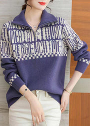 Purple Print Wool Knit Sweaters Peter Pan Collar Long Sleeve