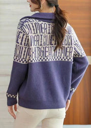 Purple Print Wool Knit Sweaters Peter Pan Collar Long Sleeve