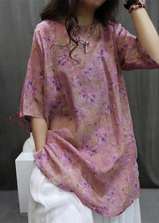 Purple Side Open Linen Blouse O-Neck Summer