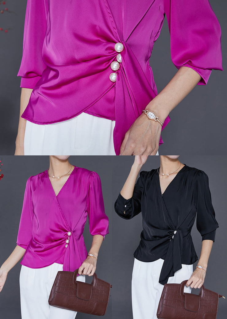 Purple Silm Fir Silk Blouses V Neck Asymmetrical Design Fall