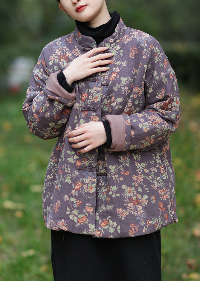 Purple Stand Collar Button Warm Fleece Parka Winter