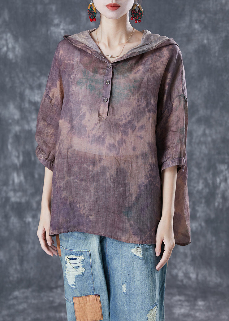 Purple Tie Dye Linen Shirt Top Hooded Oversized Bracelet Sleeve