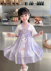 Purple V Neck Tassel Chiffon Girls Long Dresses Short Sleeve