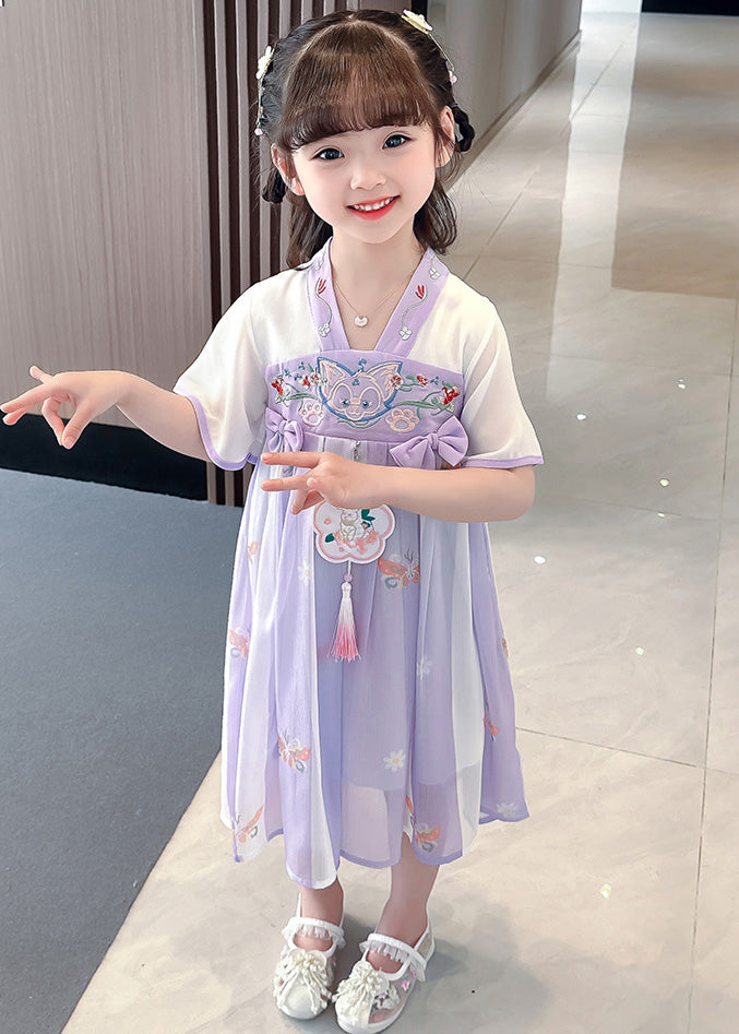 Purple V Neck Tassel Chiffon Girls Long Dresses Short Sleeve