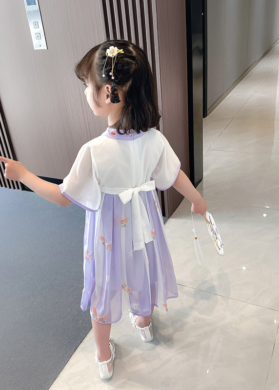 Purple V Neck Tassel Chiffon Girls Long Dresses Short Sleeve