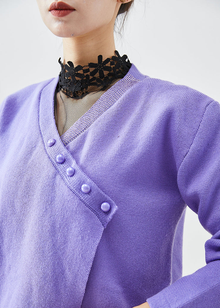 Purple Warm Knit Sweaters Asymmetrical Button Winter