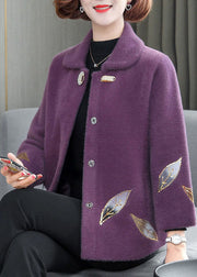 Purple Warm Mink Hair Velvet Coats Peter Pan Collar Embroideried Winter