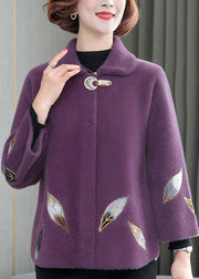 Purple Warm Mink Hair Velvet Coats Peter Pan Collar Embroideried Winter