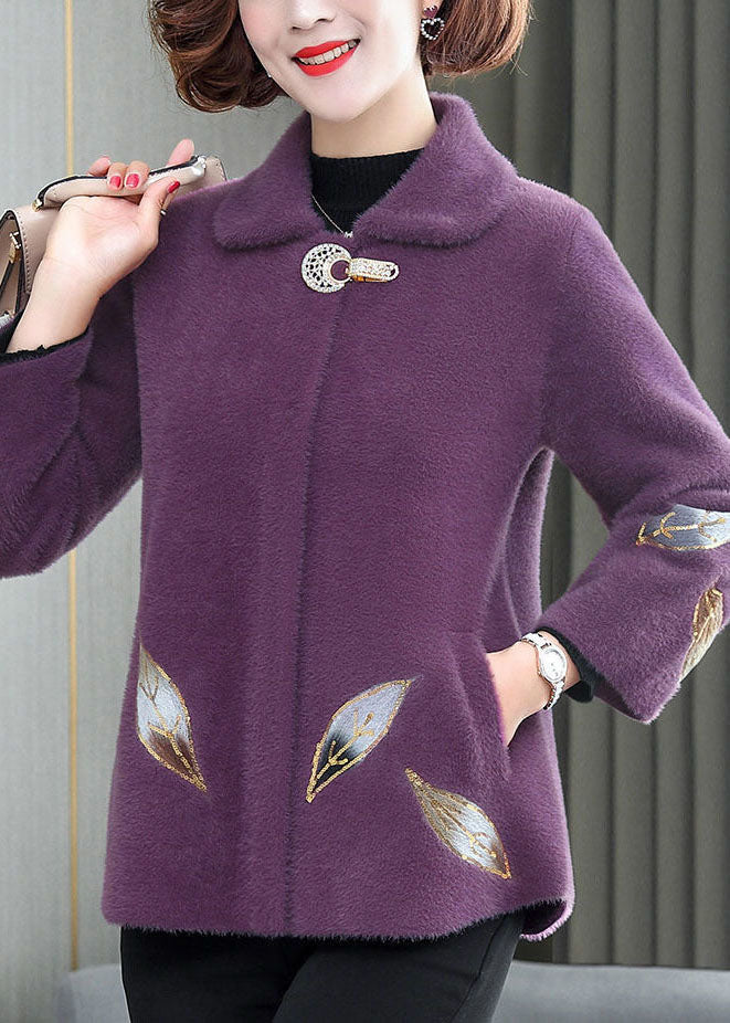 Purple Warm Mink Hair Velvet Coats Peter Pan Collar Embroideried Winter