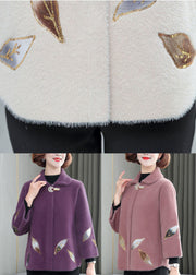 Purple Warm Mink Hair Velvet Coats Peter Pan Collar Embroideried Winter