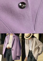 Purple Woolen Loose Coats Notched Collar Solid Winter