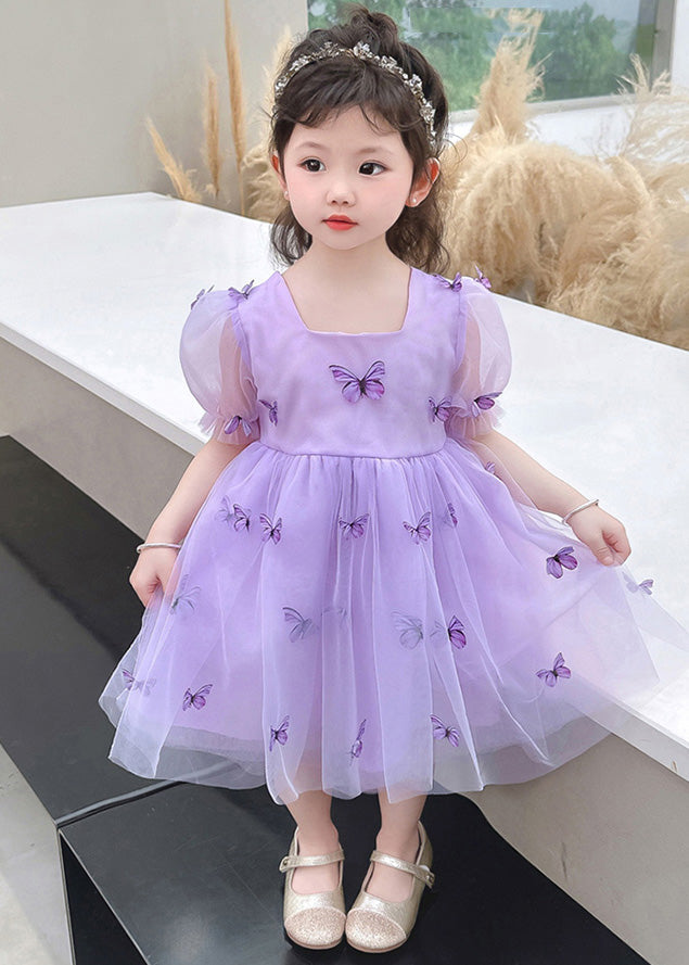 Purple Wrinkled Bow Tulle Kids Vacation Maxi Dresses Summer